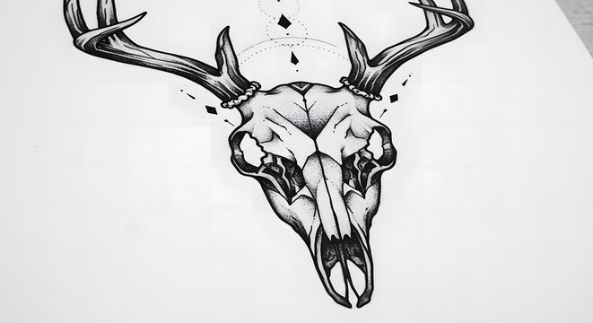 Intricate Deer Skull Drawing with Geometric Details on White Background