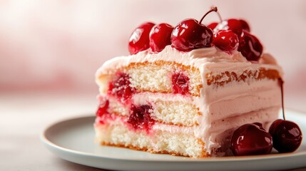 An enticing cherry cake layered with creamy frosting and garnished with cherries, perfect for celebrations and sweet moments, providing a taste of joy and delight.