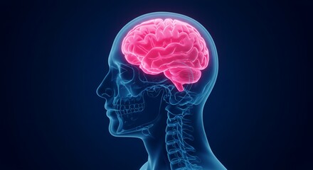 Medical Visualization of a Translucent Human Head with Pink Brain and Skeletal Structure on Dark Blue Background