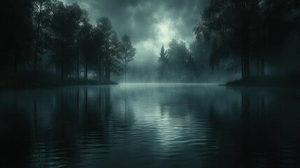 Misty lake shrouded in ominous darkness
