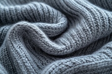 Close-up of gray knitted wool fabric creating a textured surface with soft, undulating waves