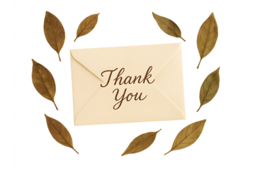 Thank You Envelope with Dried Autumn Leaves on transparent Background for Gratitude Card and Heartfelt Appreciation Message Design