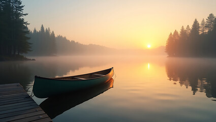 Obraz premium Serene Lake at Sunrise with Canoe Dock and Misty Forest Landscape Scenery