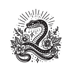 Obraz premium Black and white Snake and Floral Flower Tattoo vector illustration isolated on a white background