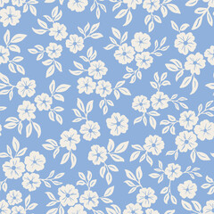 Dense Ditsy Floral Seamless Vector Pattern Pastel Blue and Cream White fabric print, scrapbooking