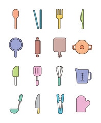 Kitchen cooking tools icon set with fork, spoon, knife, chopsticks, frying pan, chopping board, pot, spatula, mixer, and tongs. Perfect for culinary-themed designs, recipes, and food-related visuals.