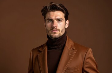 Close-up portrait of a man in a brown jacket. Brunette man in a coffee jacket on a dark background.