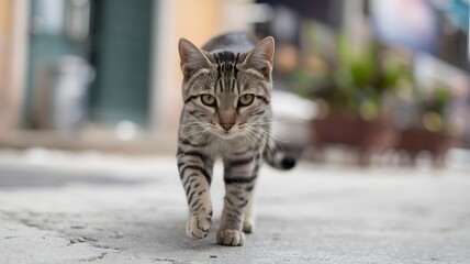 Naklejka premium A striped cat walking towards the camera on a street, portrait. The cat has a striped pattern
