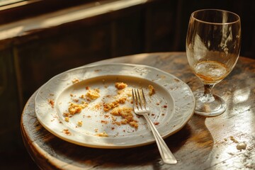 Crumbs and leftovers on plate with fork and empty dessert wine glass indicate end of tasty meal