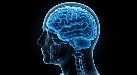 Blue Brain X Ray Profile Digital Rendering on Black Background