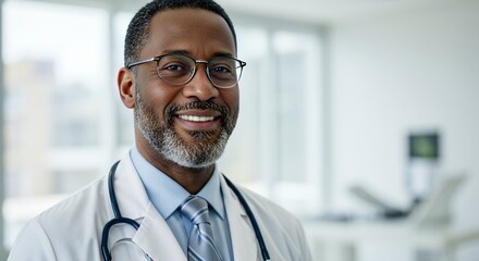 Smiling Middle Aged African American Doctor in White Coat with Stethoscope and Wireframe Glasses in a Blurred Medical Office Environment