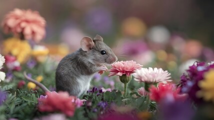 A small mouse in a vibrant flower field, surrounded by colorful blooms, sniffing a pink flower