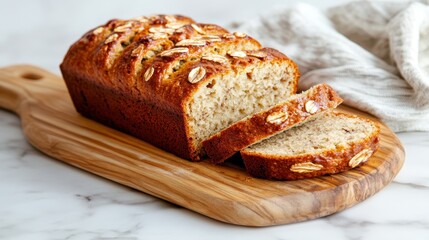 A perfectly baked oatmeal bread loaf sits on a wooden board, showcasing its golden crust and soft texture, accompanied by fresh slices for a delightful presentation.