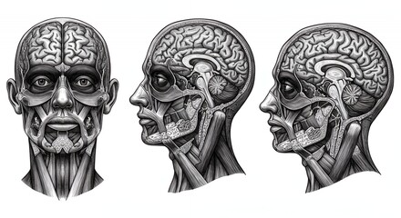 Detailed Black and White Anatomical Illustration of Human Brain and Head Showing Ventral and Side Views
