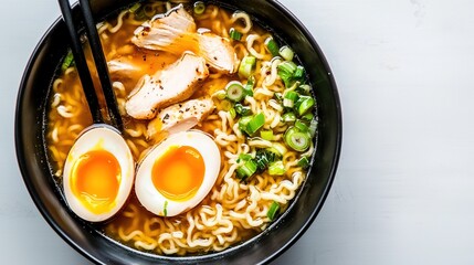 Delicious chicken ramen noodles with soft boiled egg.