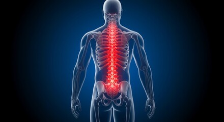 3D Male Torso View with Glowing Red Spine Against Deep Blue Gradient Backdrop Highlighting Back Pain for Health Awareness