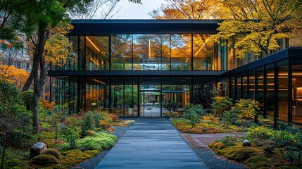 Obraz premium Modern office building nestled in a tranquil garden
