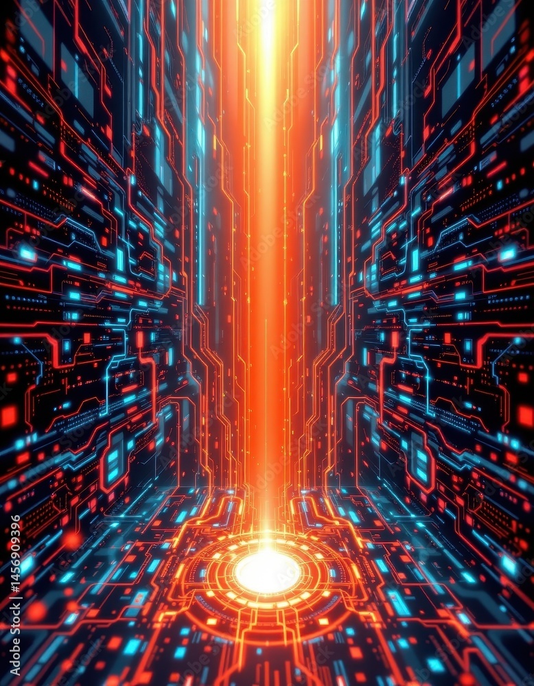 Poster create an abstract digital art piece featuring a futuristic network background with shimmering rays 