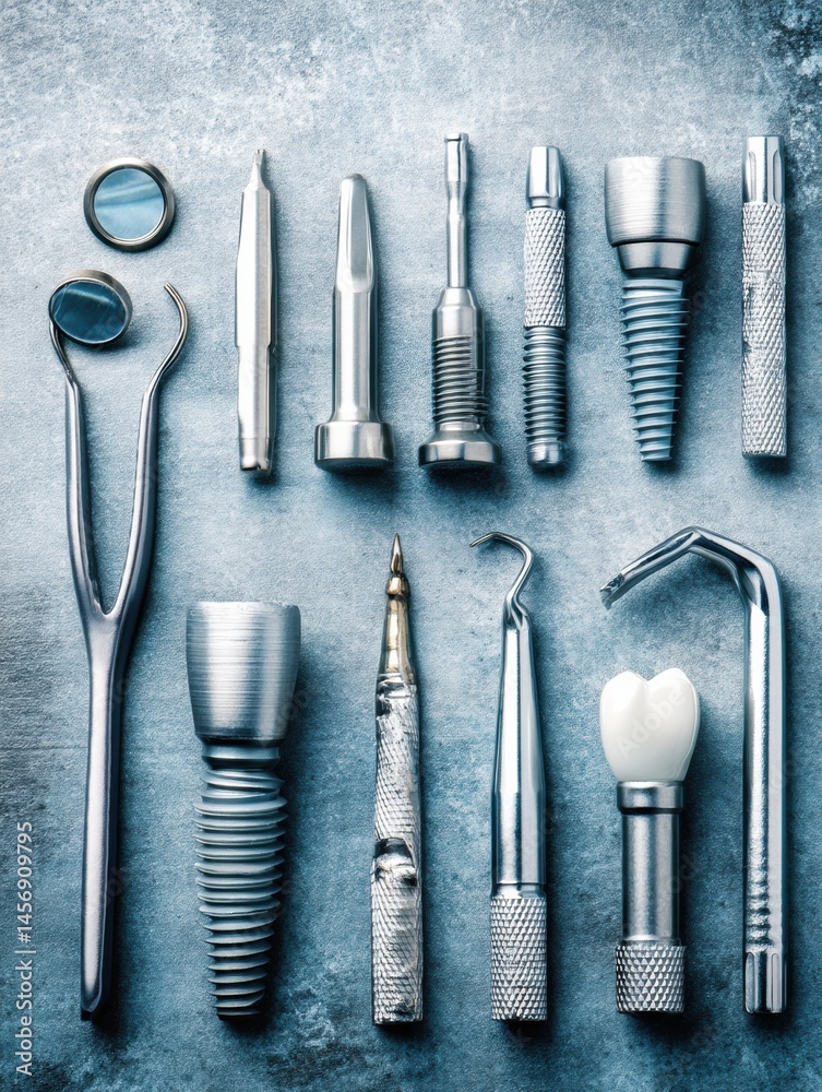 Poster dental implant components arranged neatly on a sterile surface for dental procedures in a clinical s