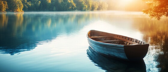 Old wooden boat docked on calm lake at sunrise, vivid light and clear space for title