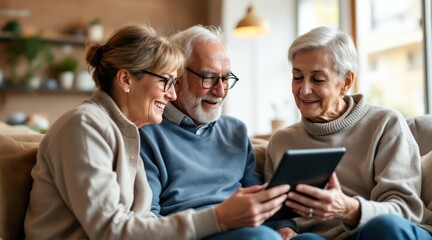 Three happy seniors sitting on a couch, smiling and looking at a tablet together in a cozy living room.