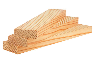 Group of wooden beams isolated on a white background. Pine wooden bars.