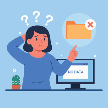 No data illustration, loss on computer with missing folder and error notification concept