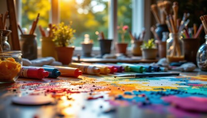 A colorful art studio table with markers, brushes, and scattered supplies, illuminated by natural sunlight through a window with plants.