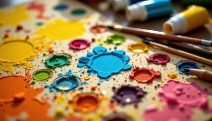 A colorful art palette with vibrant paint splatters, paintbrushes, and paint tubes on a creative workspace.