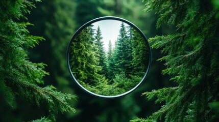 A unique perspective of a forest path framed by vibrant green foliage, creating a sense of depth and inviting the viewer to explore the enchanting beauty of nature.