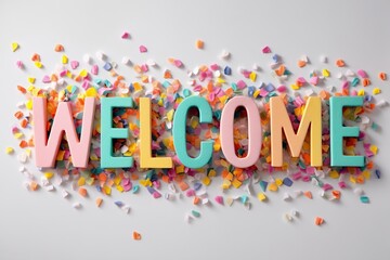 Paper welcome confetti sign on white background