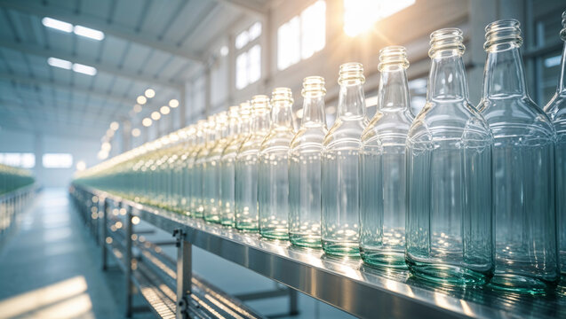 A perspective view of the manufacturing line showing glass bottles in a factory environment.