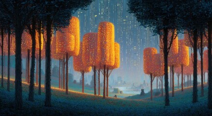 Glowing Trees and Cityscape at Dusk - Futuristic Forest Scene