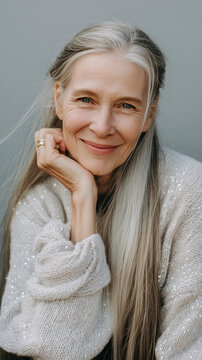 An elegant and smiling woman in her fifties with long silver hair, wearing a soft grey sweater, AI