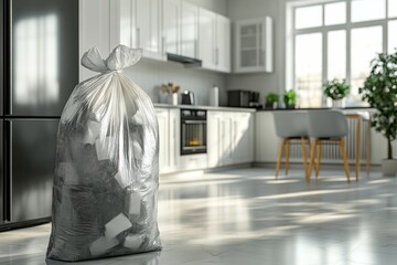 Obraz premium Overflowing garbage bag is sitting on a bright kitchen floor, waiting to be taken out to the dumpster