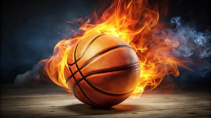 Fototapeta premium Fiery Basketball on Wooden Floor A Dramatic Image of Intense Competition and Passion