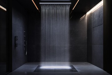Water falling from a large, modern shower head in a luxurious bathroom with dark tiles and ambient lighting