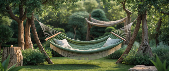 Relaxing green hammock suspended between trees in a lush peaceful garden outdoors