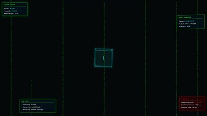 Cinematic futuristic holographic interface. Features a central rotating 3D cube, glowing info panels, bright vertical data streams, and subtle glitch effects. Sci-fi tech dashboard or HUD. - Powered by Adobe