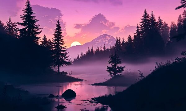 Serene sunset over a misty river with silhouetted trees and mountains in the background