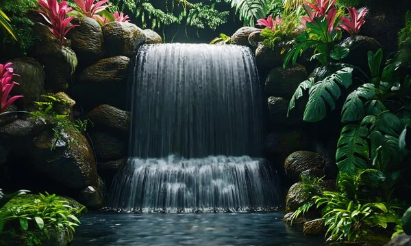 Serene waterfall cascading over rocks surrounded by lush tropical foliage in a vibrant jungle