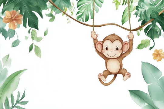 Playful monkey swinging on jungle vines on white