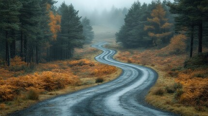 Fototapeta premium Serene Autumnal Road Winding Through Misty Forest