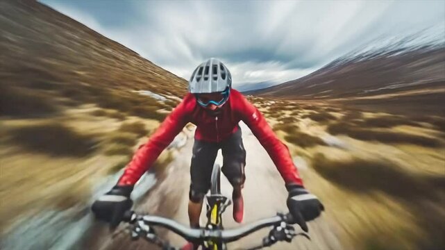 Mountain biker on a rugged trail.  Cyclist focused on challenging terrain.  Fast-paced action shot