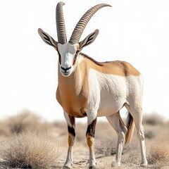 Fototapeta premium Elegant Arabian Oryx Standing Proudly in Arid Desert Landscape on Sunny Day