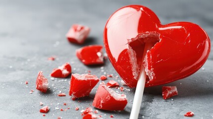 A visually striking image of a shattered red heart lollipop on a dark surface, symbolizing love's fragility and the bittersweet nature of emotional experiences.