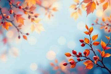 create an abstract autumn foliage banner background featuring a branch with twigs and berries in vibrant shades of blue and orange