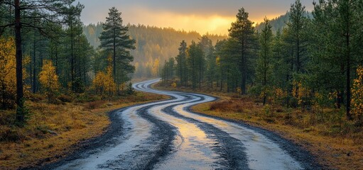 Obraz premium Serene Autumnal Road Winding Through Misty Forest at Sunrise