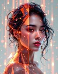 Naklejka premium create a dynamic 3d illustration of geometrical patterns and lights featuring a subject on the left with ample copy space on the right in a holographic style
