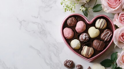 A heart-shaped box of assorted chocolates next to a bouquet of roses on a marble surface.